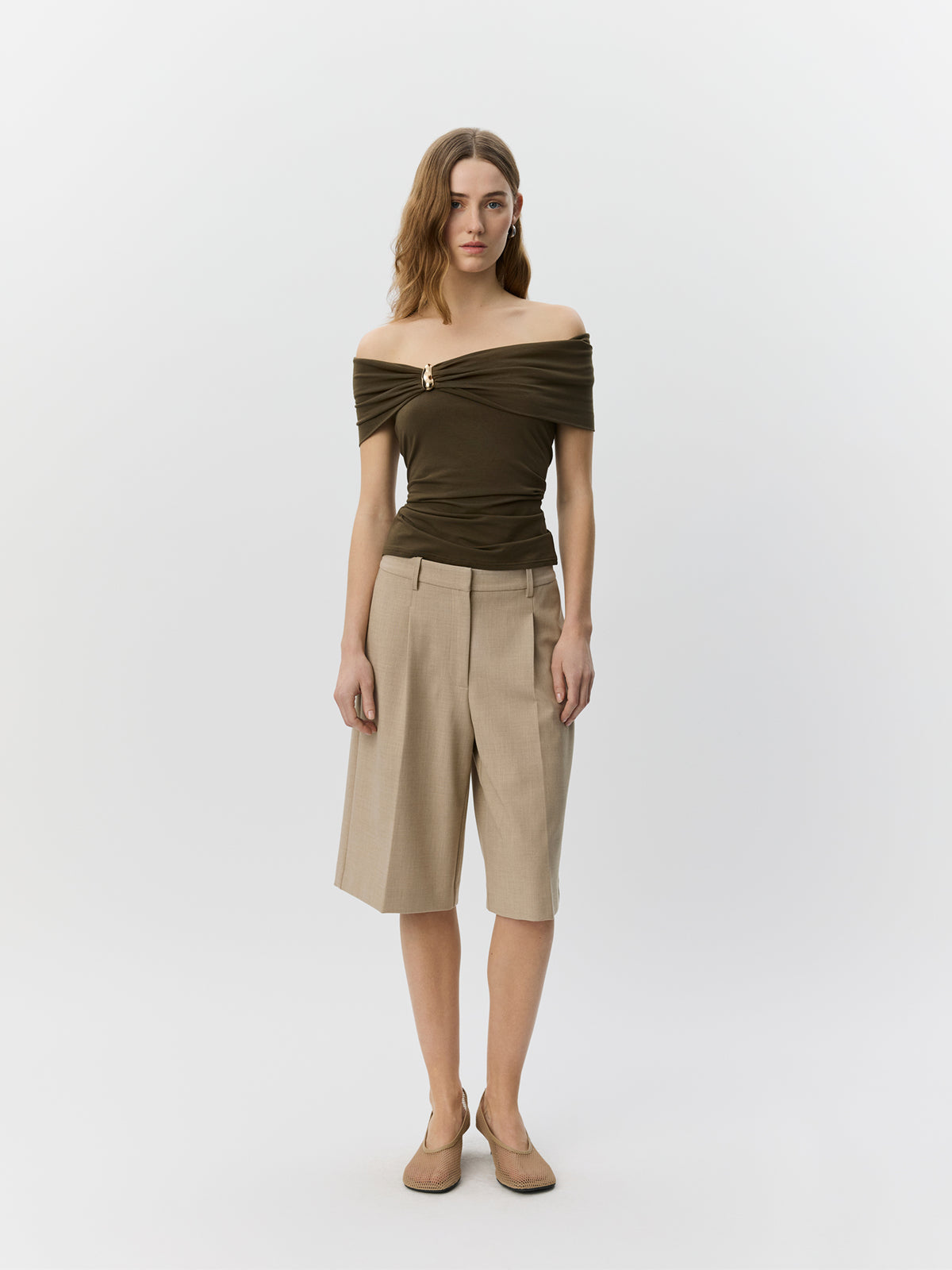 Sofie Schnoor WOMEN SINKASW OFF SHOULDER JERSEY TOP Top 3097 Olive Brown